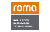 Logo mit orangefarbenem "roma" Schriftzug oben und grauem Bereich unten mit den Worten: Rollladen, Raffstoren, Textilscreens.