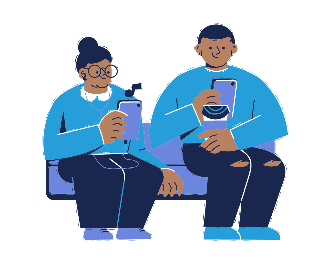 Zwei Menschen mit Handys auf dem Sofa