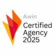 Logo mit roten und orangefarbenen Dreiecken, Text: Awin Certified Agency 2025.