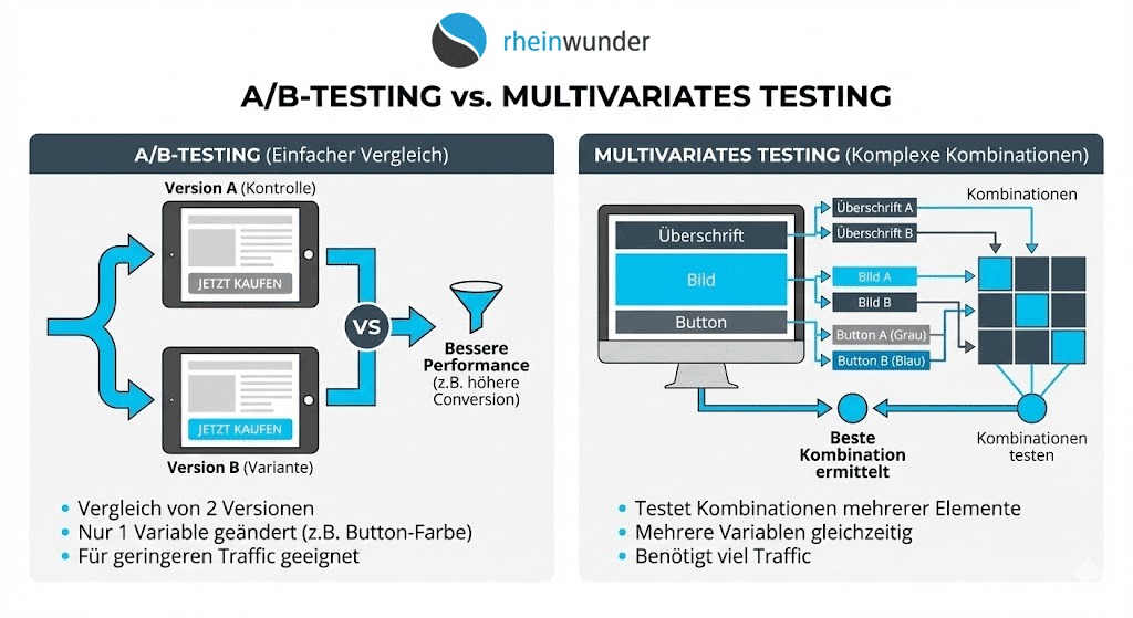 Vergleich von A/B-Testing und multivariatem Testing mit Diagrammen und Erklärungen zu Methoden und Variablen.