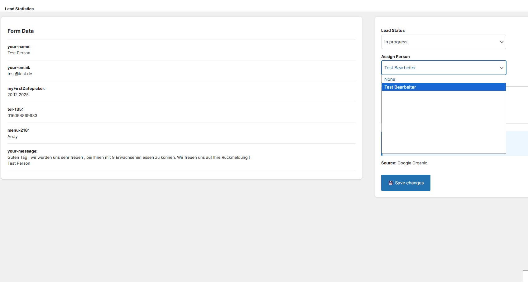 Formular mit Kontaktdaten und Nachricht, Dropdown-Menü zur Zuweisung, Schaltfläche Save changes.