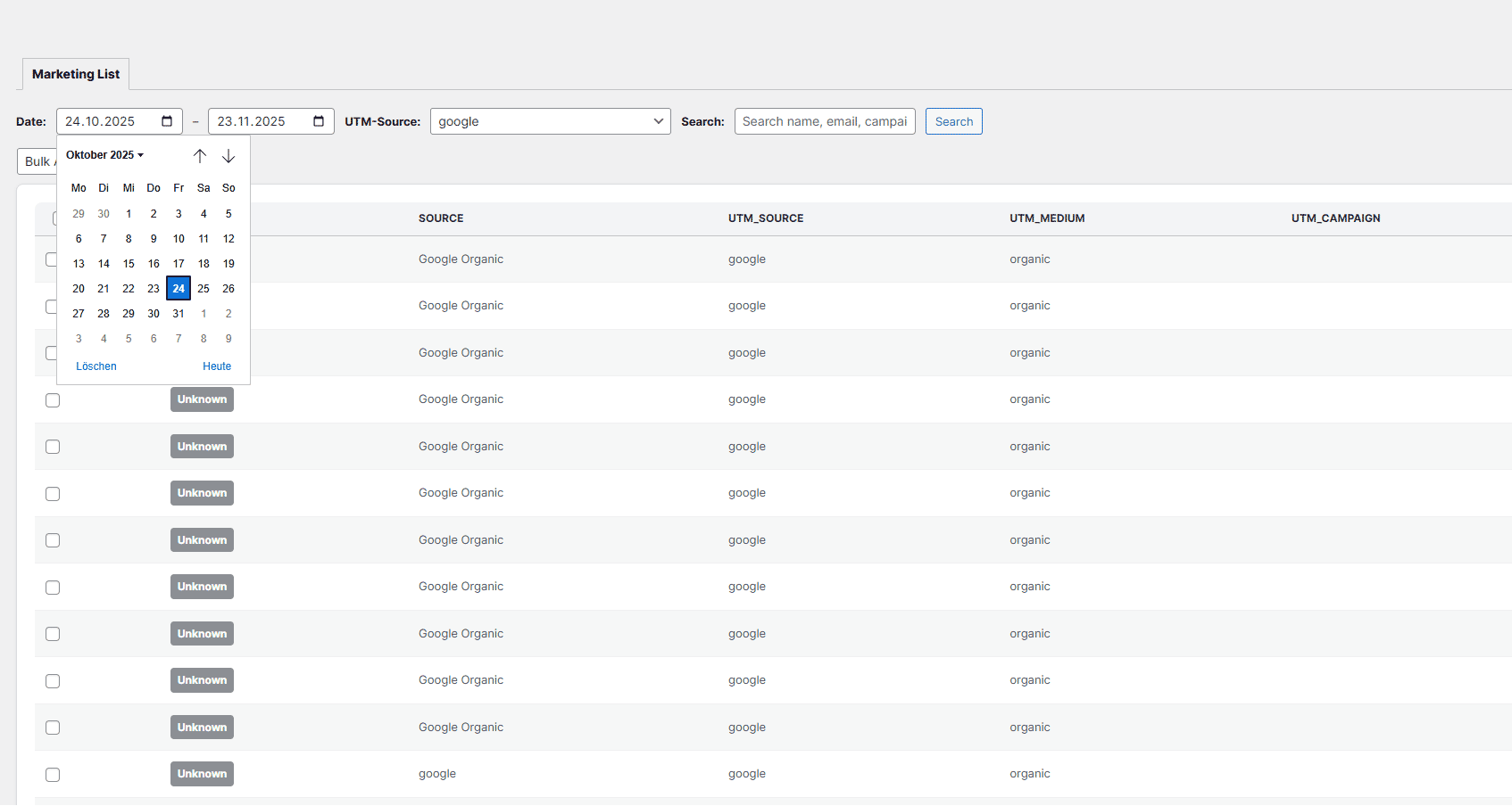 Kalenderauswahl und Tabelle mit Google Organic-Daten in einer Marketingliste.