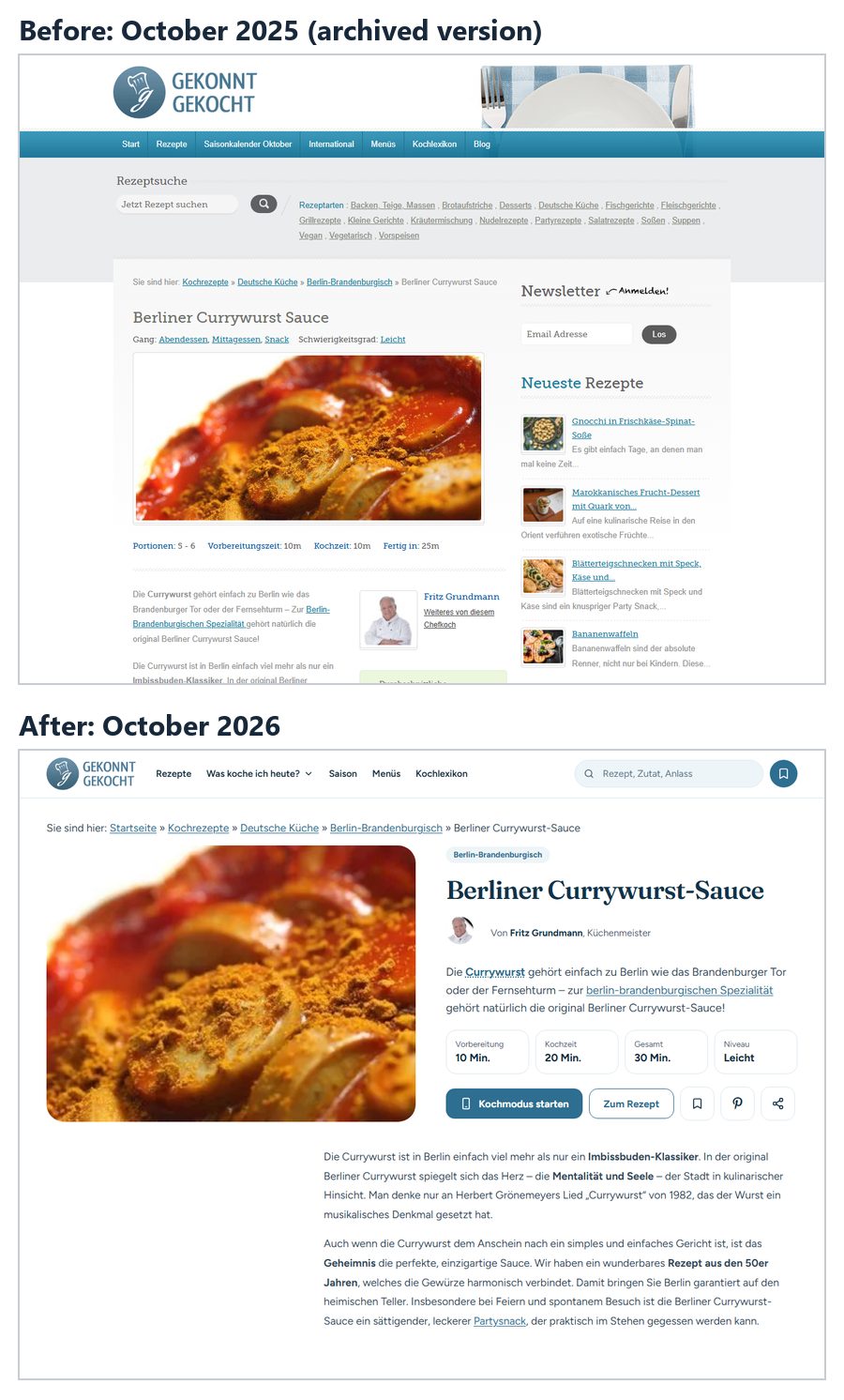 Recipe page for Berlin currywurst sauce on gekonntgekocht.de before the relaunch in October 2025 and afterwards in October 2026