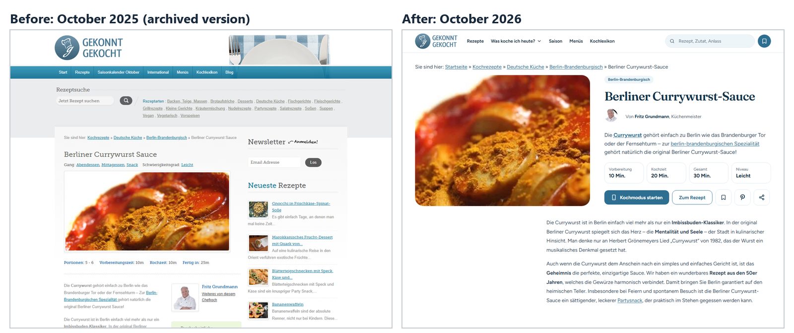 Recipe page for Berlin currywurst sauce on gekonntgekocht.de before the relaunch in October 2025 and afterwards in October 2026